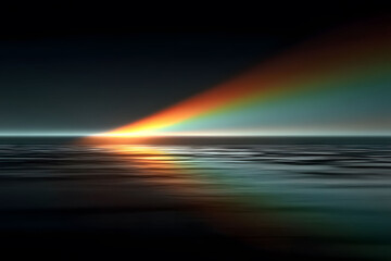 Fototapeta premium A serene seascape horizon under a dramatic sunset with vibrant rainbow hues reflecting on the calm water, creating a tranquil and inspiring atmosphere ideal for design and print projects.