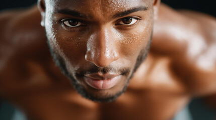 Close-up determined sweaty athlete focusing defocused during workout, faceless intense training, concentration visualization detail, blurred gym background, determination concept,