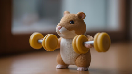 Muscular hamster lifting dumbbells gym defocused showing biceps, faceless strength training, fitness visualization detail, blurred humorous background, workout concept, creative in