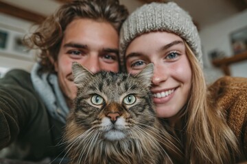 Young couple smiling, taking selfie with their cat, representing pet ownership and companionship