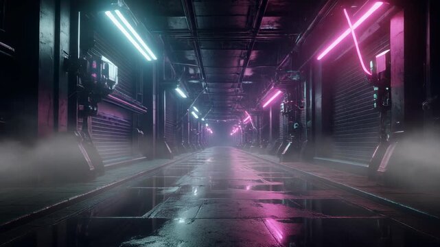 Dark futuristic corridor with wet floor and neon lights image photo