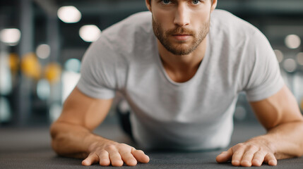 Fitness instructor training male athlete defocused plank position, faceless gym coaching, exercise visualization detail, blurred facility background, training concept, instruction