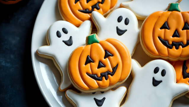 Delightful Halloween cookies with smiling pumpkins and cute ghosts for spooky seasonal celebrations