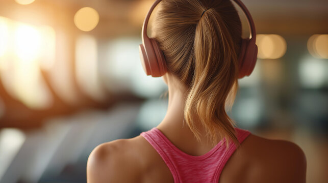 Determined athlete wearing headphones portrayed defocused gym setting, faceless vibrant colors, focus visualization detail, blurred training background, motivation concept, fitness