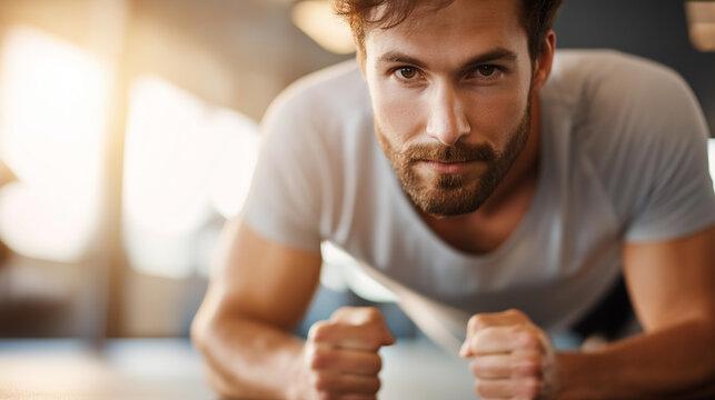 Fitness instructor training male athlete defocused plank position, faceless gym coaching, exercise visualization detail, blurred facility background, training concept, instruction - Powered by Adobe