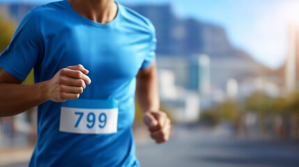 City marathon race bib 789 defocused on athlete's, faceless blue jersey, competition visualization detail, blurred mountain background, running concept, race interface, number disp