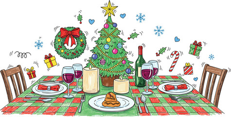 Crayon Christmas Party Table Doodle Illustration.