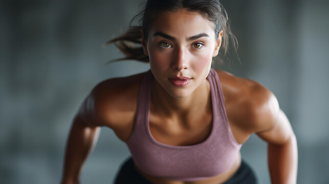 Young woman sportswear jumping with defocused wall behind, faceless active training, fitness visualization detail, blurred background, motivation concept, exercise interface, dynam