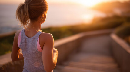 Woman sportswear running up stairs defocused seaside sunset, faceless fitness motivation, athletic visualization detail, blurred coastal background, training concept, determination