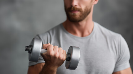 Focused athletic man lifting dumbbell defocused gray sportswear, faceless neutral background, strength visualization detail, blurred training setting, fitness concept, motivation i