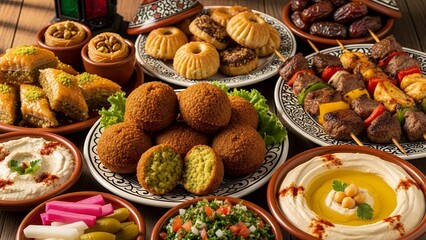 A variety of Middle Eastern dishes and snacks arranged on a table, including falafel, hummus, and dates.