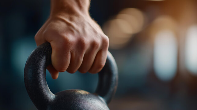 Kettlebell training hand gripping heavy defocused iron weight, faceless focused determination, warm visualization detail, blurred cinematic background, gym concept, strength interf
