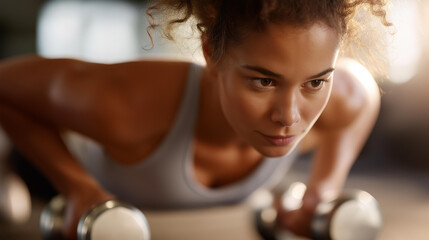 Woman performing challenging dumbbell push-up defocused exercise dimly, faceless lit gym, intense visualization detail, blurred workout background, routine concept, training interf