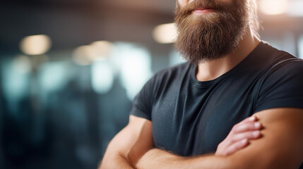 Bearded man with arms crossed defocused in gym, faceless confident pose, athletic visualization detail, blurred training background, strength concept, fitness interface, portrait d