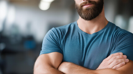 Bearded man with arms crossed defocused in gym, faceless confident pose, athletic visualization detail, blurred training background, strength concept, fitness interface, portrait d