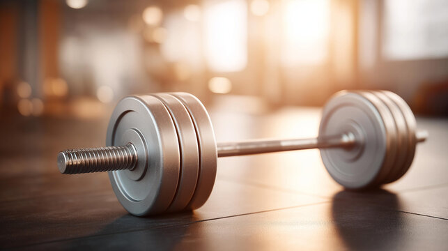 Close-up heavy barbell weights on defocused gym floor, faceless strength equipment, weight visualization detail, blurred training background, powerlifting concept, gym interface, e