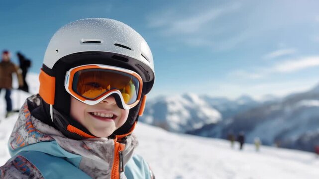 Joyful child on ski slopes with mountains in background.