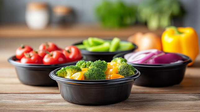Meal prep containers with healthy defocused food diet, faceless planning nutrition, food visualization detail, blurred organized background, meal concept, health interface, prepara