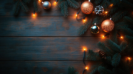 Christmas fir tree branches decorating a rustic wooden table with shimmering gold ornaments. Natural pine cones. And twinkling LED string lights. Setting a festive holiday scene with ample copy space