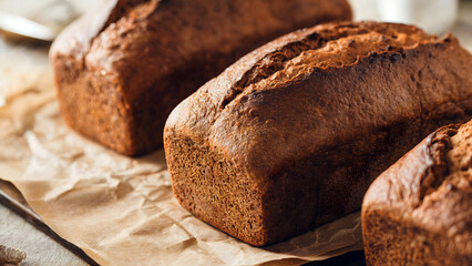 Warm freshly baked loaves of dark bread artisanal food product packaging and culinary blogs