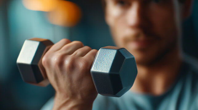 Strength training hand gripping hex defocused dumbbell determined, faceless focus closeup, cinematic visualization detail, blurred fitness background, motivation concept, gym inter - Powered by Adobe