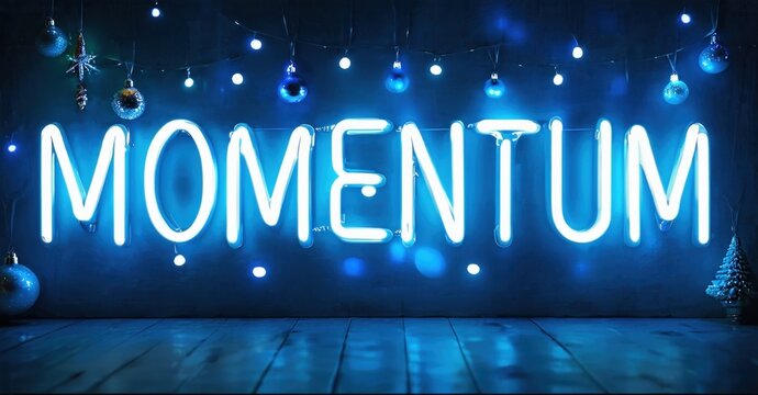 Bright neon sign spells momentum. Festive lights decorate dark blue backdrop. Wooden floor adds warmth, creating inviting scene.