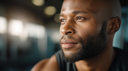 Close-up profile determined black man defocused gym soft, faceless bokeh lights, concentration visualization detail, blurred training background, focus concept, athletic interface,