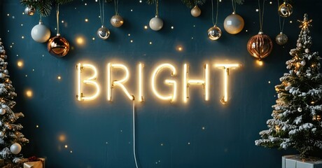 Festive scene features bright neon sign spelling BRIGHT. Christmas trees, ornaments decorate dark blue wall. Warm lighting creates cozy atmosphere.