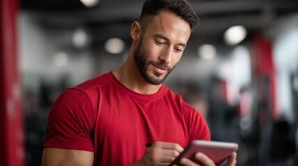 Focused personal trainer reviewing client's defocused fitness plan, faceless modern gym, equipment visualization detail, blurred ambiance background, motivation concept, wellbeing