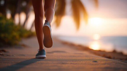 Runner's legs jogging tropical beach defocused sunrise fitness, faceless motivation workout, running visualization detail, blurred coastal background, morning concept, exercise int