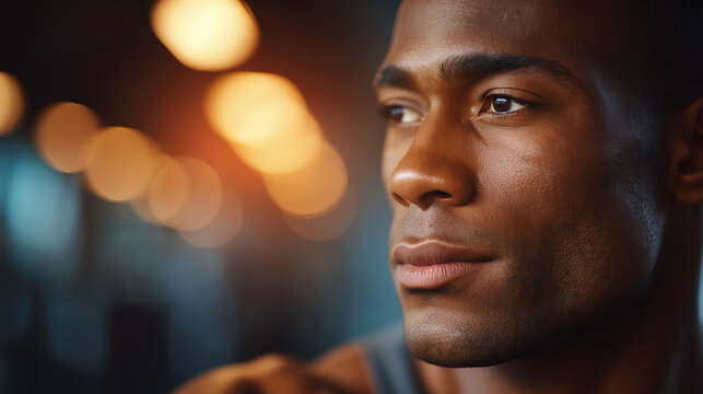Close-up profile determined black man defocused gym soft, faceless bokeh lights, concentration visualization detail, blurred training background, focus concept, athletic interface, - Powered by Adobe