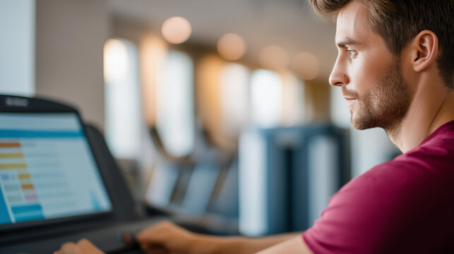 Focused personal trainer reviewing client's defocused fitness plan, faceless modern gym, equipment visualization detail, blurred ambiance background, motivation concept, wellbeing