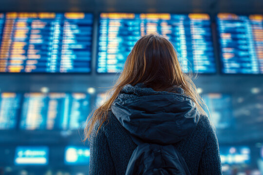 Traveler with backpack checking illuminated flight information display screens at airport terminal for departure and arrival updates