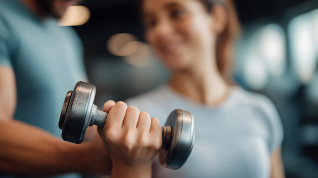 Fitness trainer guiding client through defocused dumbbell workout, faceless motivation session, sweat visualization detail, blurred gym background, focus concept, training interfac