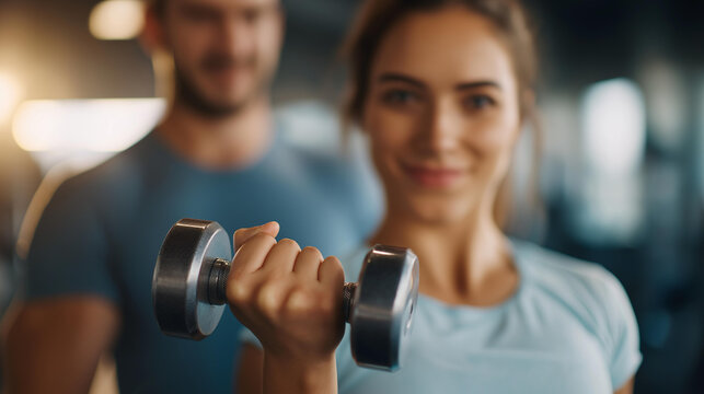 Fitness trainer guiding client through defocused dumbbell workout, faceless motivation session, sweat visualization detail, blurred gym background, focus concept, training interfac