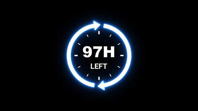 Neon blue clock icon with 97 hours left countdown on black background timer time