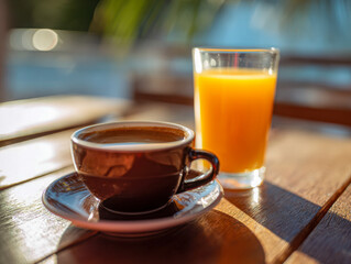 Warm morning sunlight on a wooden table highlighting a steaming cup of coffee with a glass of fresh orange juice creating a cozy breakfast scene outdoors