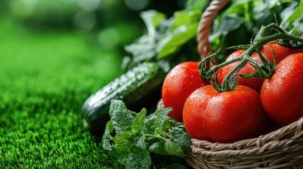 Basket of fresh harvest vegetables and herbs. Vibrant ripe red tomatoes. Crisp green cucumbers. And aromatic rosemary. Mint. Oregano with water droplets on grass in a garden setting