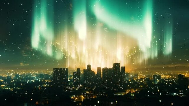 Aurora-like phenomenon illuminates city skyline with vibrant lights against a darkening twilight backdrop