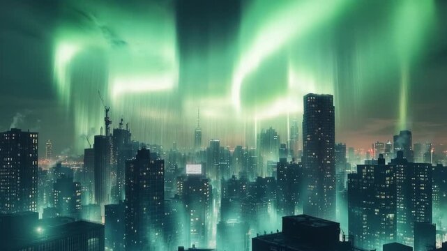 Aurora-like phenomenon illuminates city skyline with vibrant lights against a darkening twilight backdrop