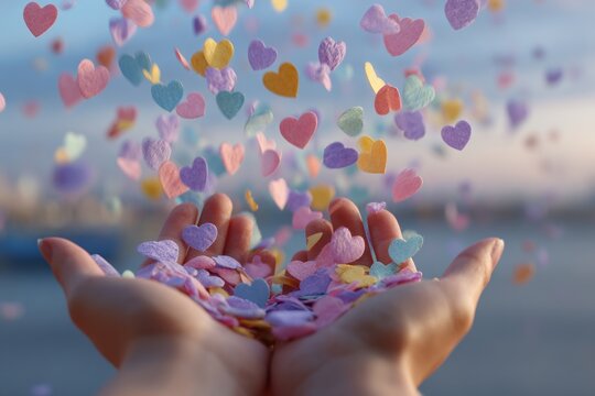 Hands receiving colorful heart felt confetti representing love and celebration - Powered by Adobe