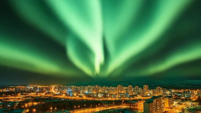 Aurora-like phenomenon illuminates city skyline with vibrant lights against a darkening twilight backdrop