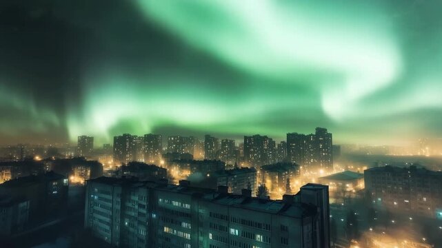 Aurora-like phenomenon illuminates city skyline with vibrant lights against a darkening twilight backdrop
