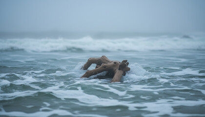 Weathered driftwood emerges from ocean waves on a misty day, adding coastal charm