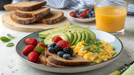 Healthy breakfast plate with avocado toast and egg