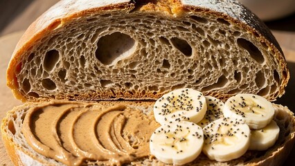 Artisanal sourdough bread loaf sliced open, showcasing its textured crumb, layered with creamy peanut butter, fresh banana slices, and nutritious chia seeds, ready for a healthy meal.