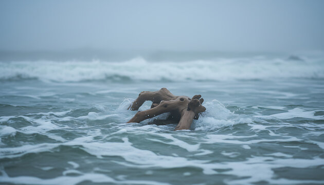 Weathered driftwood emerges from ocean waves on a misty day, adding coastal charm - Powered by Adobe