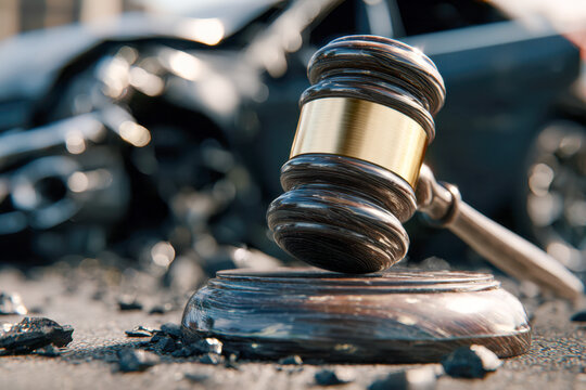 Wooden judge?s gavel resting on a block with blurred crashed car in the background symbolizing legal consequences of automobile accidents and justice system decisions