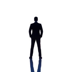 Fototapeta premium Silhouette of confident businessman standing with hands on hips, reflection on floor, isolated on transparent background, leadership and power concept