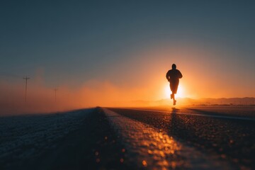 Fototapeta premium Runner training on a misty road at dawn or dusk, creating motivation and determination